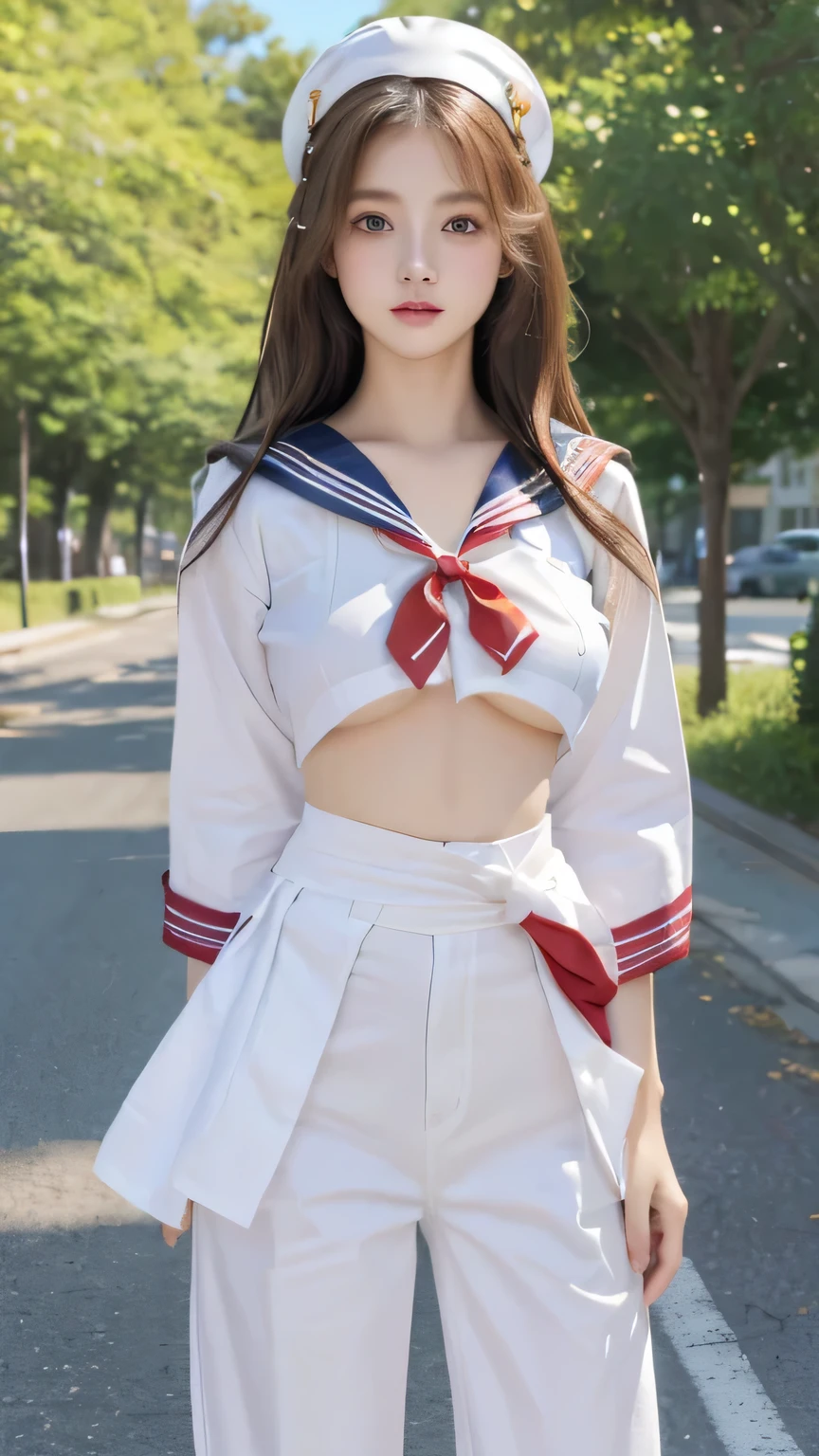 Non-NSFW、Real、(Highest quality), (masterpiece)、Ultra-high resolution、RAW Photos, (upper body), (Tree-lined street:1.5), Fantasy、Looking into the camera、alone、(elemental Sylph:1.1), Beautiful Spirit、Super Beauty, (Mature:1.2), (16years-old:1.2)、Moisturized Skin、Perfect model body、Beautiful Eyes、Big eyes, (brown eyes:1.2)、Inconspicuous tear bags、slim、No bra、Beautiful fingers、Very long hair、highly saturated photos, clavicle, Splash, attractive,skinny, (sad:1.4), no_panties, (Large Breasts:1.6), Nipples, (brown hair), (Waist-length hair:1.5), Small Ass, lips, (sailor uniform:1.5),(white denim pants:1.2),(red tie:1.2), (high heels:1.1), (Several sexy poses:1.1)
