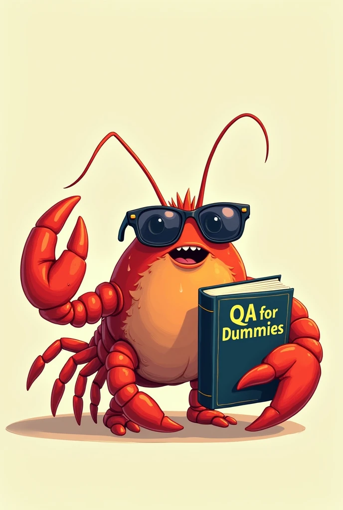 
Cartoon.
Un homard bronzé (visible) avec des lunettes de soleil à sa taille. Et qui a un livre « QA for dummies »