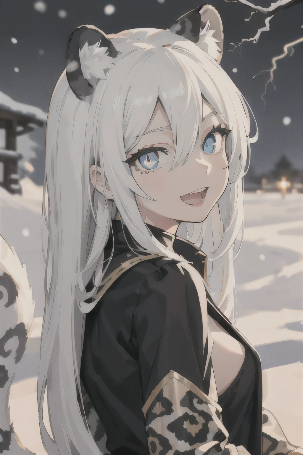 beautiful lighting、perfect lightning bolt、realistic shadow、Detailed skin、ultra-detailliert、detailed faces and eyes、Realistic eyes、Sharp pupils、sideshot、blurry backround、20 year old girl alone、shinny skin, snow leopard tail、white hair、blue colored eyes、snow leopard ears、long hair、Smile with open mouth, Dark clothing