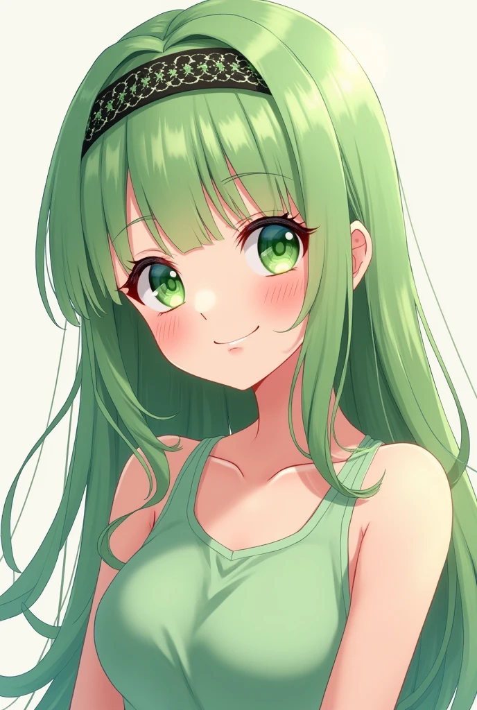 Create an anime character of an 17 year old girl with long hair, light green hair with Flat bangs and green pupils, a firm eye shape and a cheerful and naughty personality, she Showing nipples and wearing headband on her hair