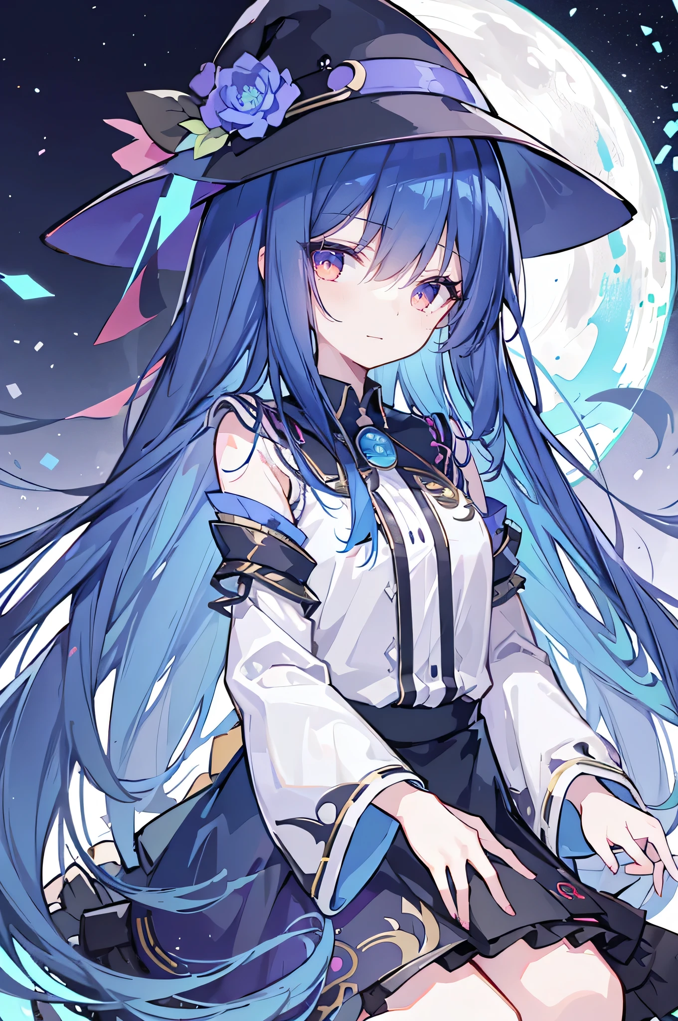 oung Girls,Humanity,A magician always smiles,big witch hat,cute,dark blue long hair,The eyes are dull,The bangs are heavy,Thin eyebrows,fantasy,intake,Double teeth,Star Theme,Constellation pattern,Solid color clothetal decoration,cloak,A bit of a dark atmosphere,A little crazy smile,When the big moon shines outside at night,blood,Hair black star embellishment,Short tie,No nails,High waist skirt,Bell sleeves,Long-sleeved shirt,Black tie,low risk,gentlemen。Mist、Yellow and white effect，Shocking pink as an accent color，(Masterpiece:1.2)，Ultra-detailed，lifelike，The eyes are expressive，Fair skin，Perfect face shape，1 girl，Japanese Manga，Gorgeous blue hair，Flowing blue hair，Flowing clothes，Petals falling，Shy face，sitting on window，Place your hand on your lips,masterpiece, absurdres, novel cover, cover illustration, 1girl, solo, dark blue-haired ponytail, mage robes, flower background, clock background, monochrome, line drawing