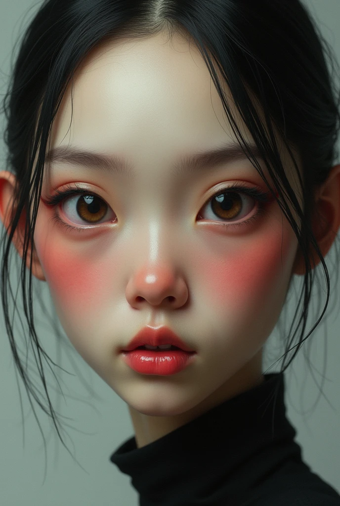Single eyelid with rosy eyes,High nose bridge,Round Face,Clearer jawline,Plateau red cheeks,Low cheekbones,Deep eyebrows and eyes,neutral