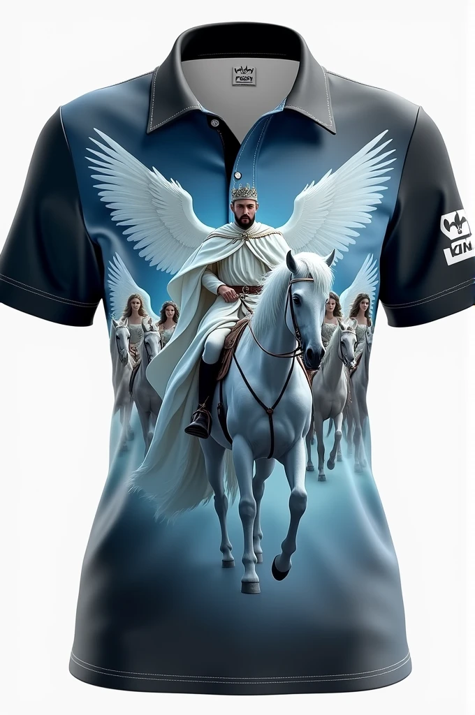 Create a black and sky blue women's shirt Custom 3d with the figure of a king dressed in white riding his white horse on his right and left an army of angels staining with him