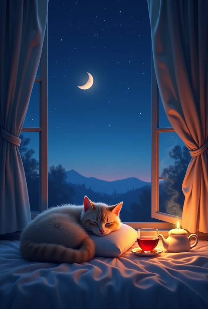 Cat sleeping on pillow, steaming tea, ,A window with a beautiful view, Night Sky, moon.