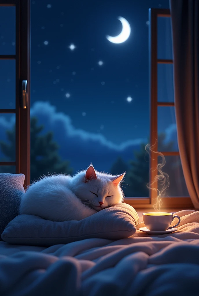 Cat sleeping on pillow, steaming tea, ,A window with a beautiful view, Night Sky, moon.