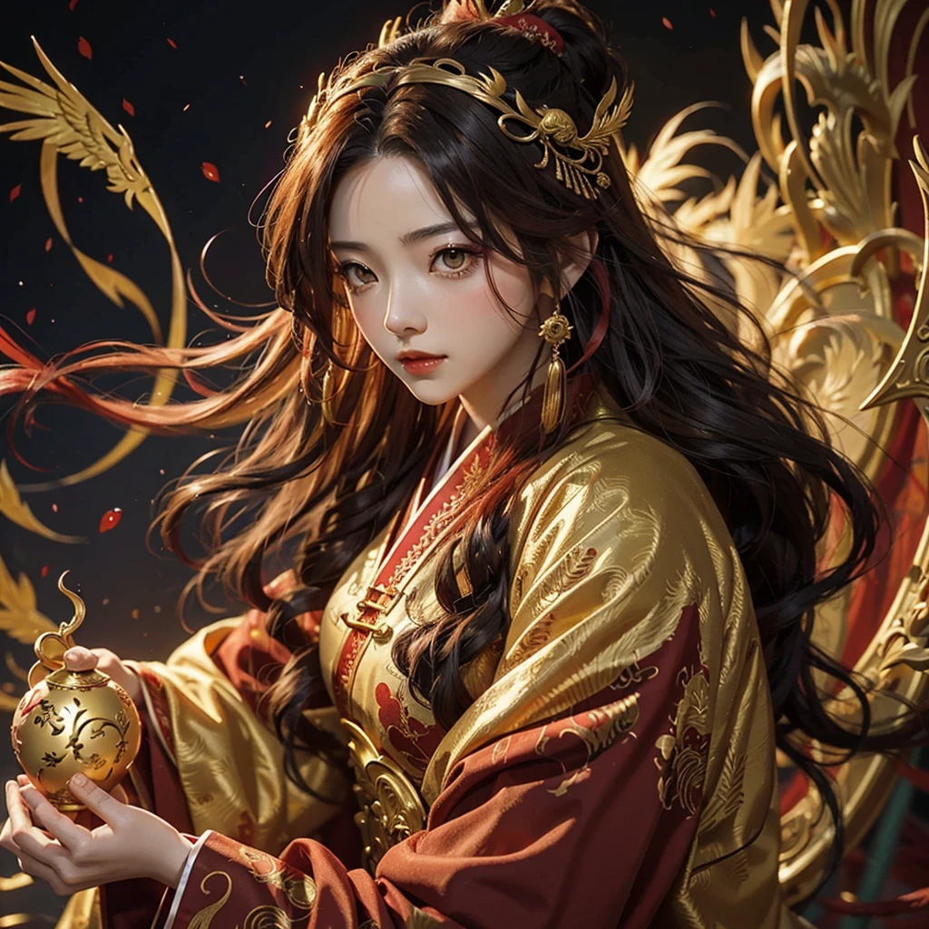 Anime girl, wuxia, red and gold hanfu, phoenix, golden headress, red lipstick, wavy hair, golden eyes