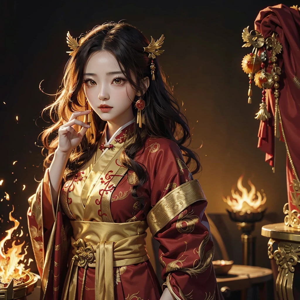 Anime girl, wuxia, red and gold hanfu, phoenix, golden headress, red lipstick, wavy hair, golden eyes