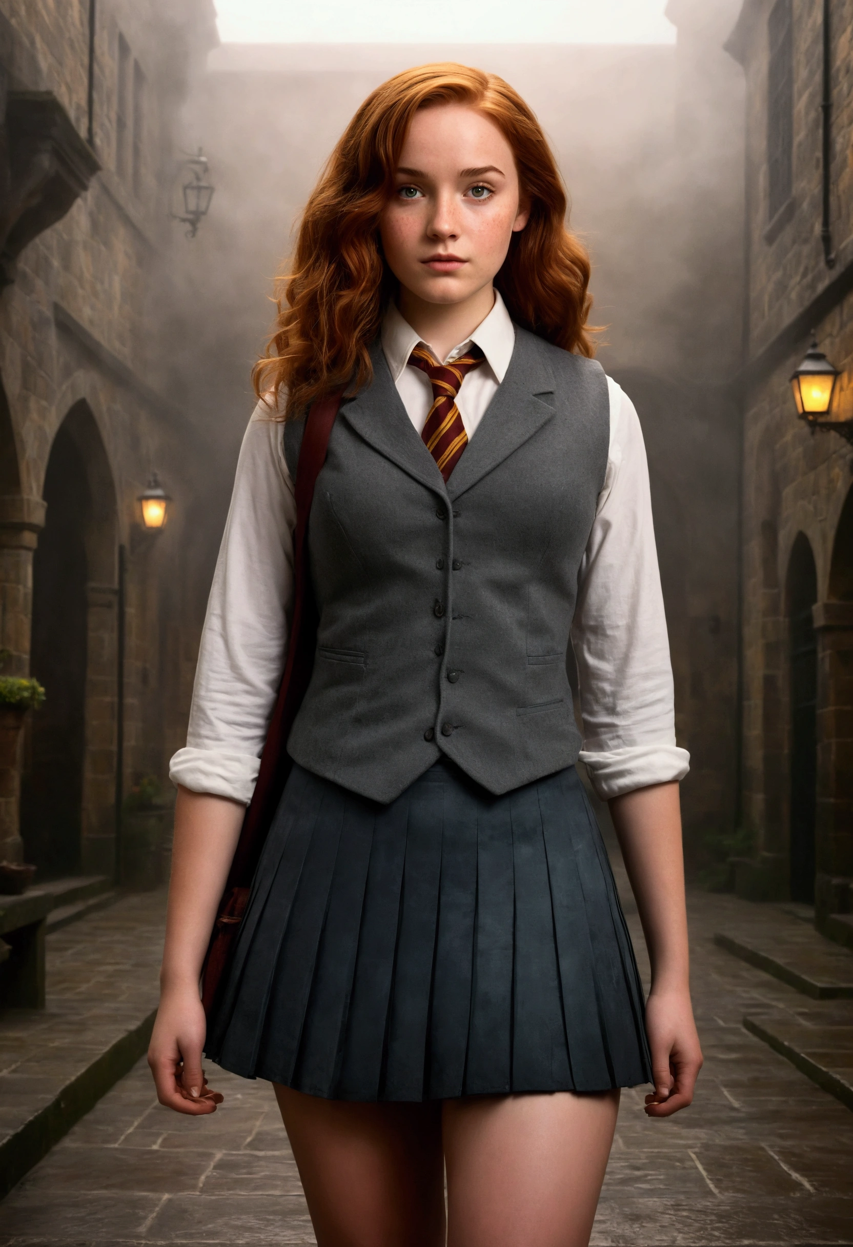 An illustrated movie poster, hand-drawn, full color, a female Hogwarts student, 18-years-old, wearing a charcoal vest and a pleated skirt, toned, amazonian stature, athletic hourglass figure, full wide hips, massive round butt, long shapely legs, ridiculously thick powerful thighs, light hazel eyes, deep dark auburn hair, short curly bob cut, flushed sun-kissed complexion, freckles, resembles Genevieve O'Reilly, standing in a foggy Hogwarts courtyard, surrounded by mist, graphite shading, stencil marks, airbrushed acrylic paint, masterpiece, in the Deathly Hallows