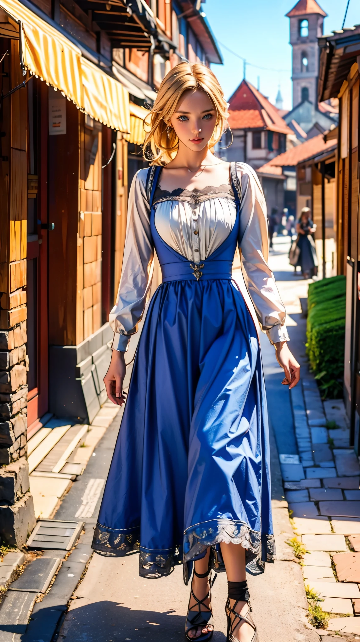 Highest quality, masterpiece, Realistic photos, Intricate details, RAW Photos, Super detailed, old fashioned young woman, Wearing a peasant dress, No neckline, Blonde, Perfect details and blue eyes, Walking around the old town, HD quality, 8k, young woman, 20-year-old