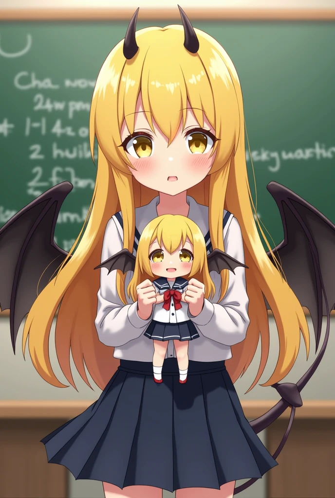 Ibuki yellow hair badan nya kecil umur 11 tahun megang boneka
Dan baju sekolah , rambut panjang dan guru matematika , sayap di pinggang, ekor ,tanduk , sccubus dan mata berwarna Kuning , tanduk hitam, sayap hitam, ekor hitam