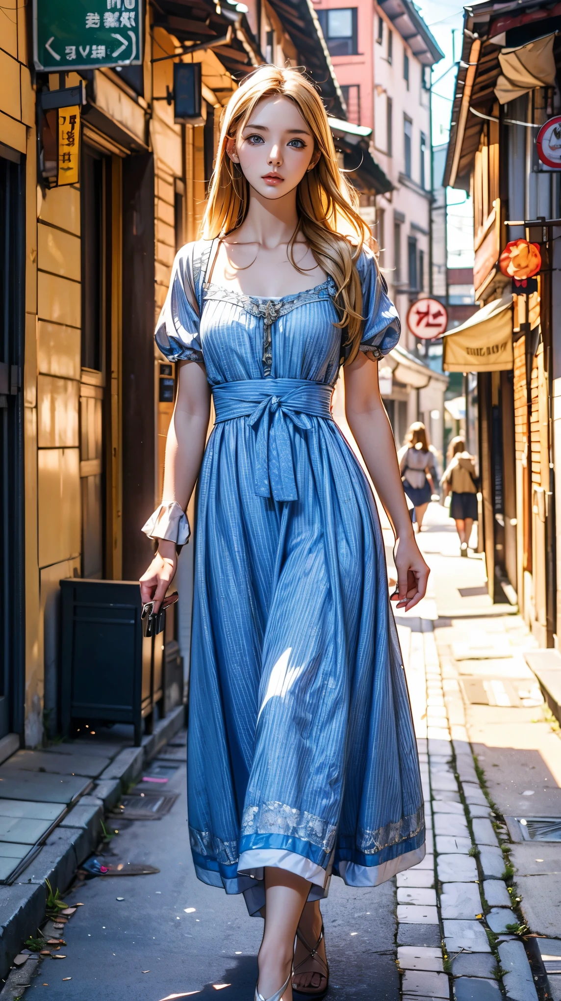 Highest quality, masterpiece, Realistic photos, Intricate details, RAW Photos, Super detailed, old fashioned young woman, Wearing a peasant dress, No neckline, Blonde, Perfect details and blue eyes, Walking around the old town, HD quality, 8k, young woman, 20-year-old