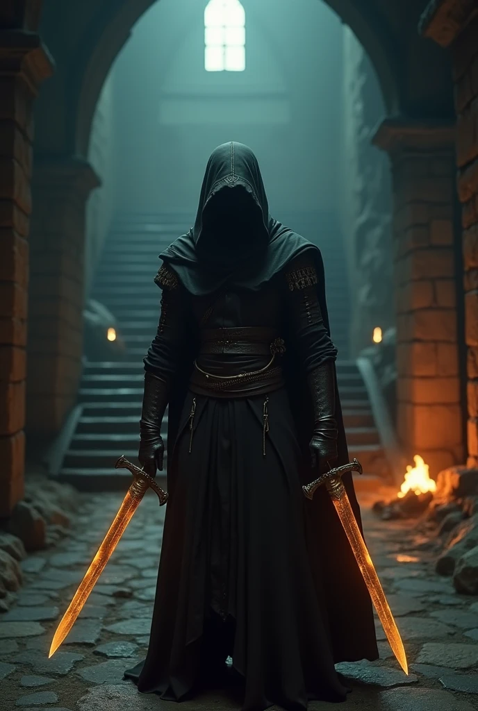 (masterpiece:1.2), (best quality:1.2), 8k, HDR, ultra detailed, ((photorealistic)), professional light, cinematic lighting, fashion photography, ambient lighting, background, a dark medieval dungeon, Darkness, epiCPhoto, fire, stairs, A thief in cloth armor, holding golden dagger in each hands.