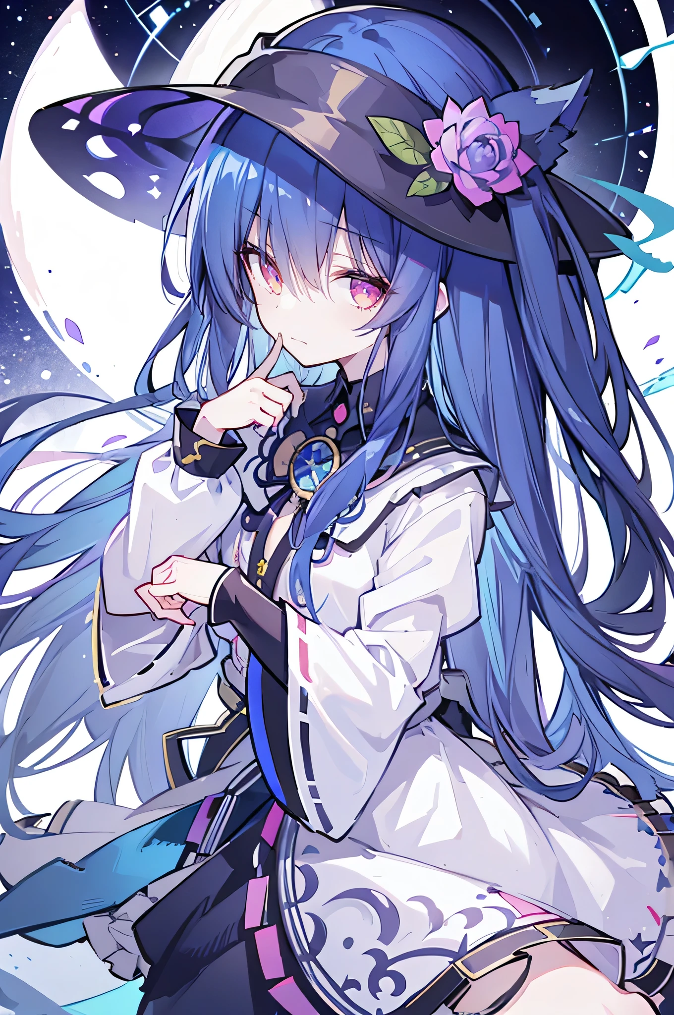 oung Girls,Humanity,A magician always smiles,big witch hat,cute,dark blue long hair,The eyes are dull,The bangs are heavy,Thin eyebrows,fantasy,intake,Double teeth,Star Theme,Constellation pattern,Solid color clothetal decoration,cloak,A bit of a dark atmosphere,A little crazy smile,When the big moon shines outside at night,blood,Hair black star embellishment,Short tie,No nails,High waist skirt,Bell sleeves,Long-sleeved shirt,Black tie,low risk,gentlemen。Mist、Yellow and white effect，Shocking pink as an accent color，(Masterpiece:1.2)，Ultra-detailed，lifelike，The eyes are expressive，Fair skin，Perfect face shape，1 girl，Japanese Manga，Gorgeous blue hair，Flowing blue hair，Flowing clothes，Cat ears，Petals falling，Shy face，sitting on window，Place your hand on your lips,masterpiece, absurdres, novel cover, cover illustration, 1girl, solo, dark blue-haired ponytail, mage robes, flower background, clock background, monochrome, line drawing，only two hands ,only two legs. 