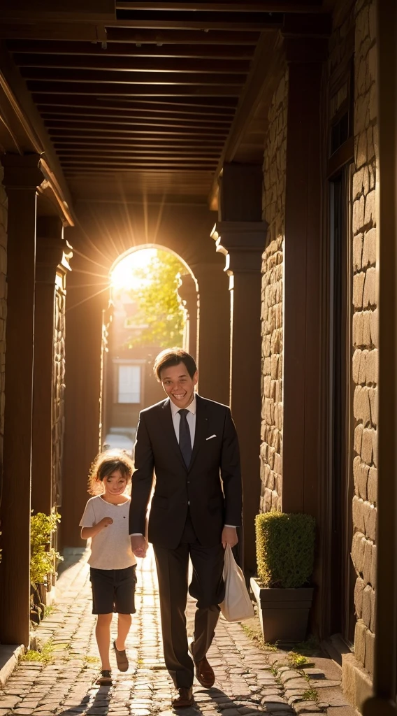 masterpiece, best quality, ultra detailed, beautiful face, portrait photo, a slightly elevated house at the end of a cobblestone path, bathed in the warm glow of the setting sun, twilight, crimson sky, a man in a suit 30s walking on the cobblestone path, long shadow, tired expression, handsome, well-defined features, short brown hair, face filled with relief and love as he looks at the house, a woman in an apron 30s and a wagging golden retriever greeting him at the front porch, beautiful, gentle smile, long flowing hair, woman's face glowing with joy and a hint of tears, man holding a work bag in one hand and a beautifully wrapped cake box in the other, a dramatic and nostalgic atmosphere like a scene from a movie, soft light and shadows of twilight, warm color palette, depict a happy family moment beautifully