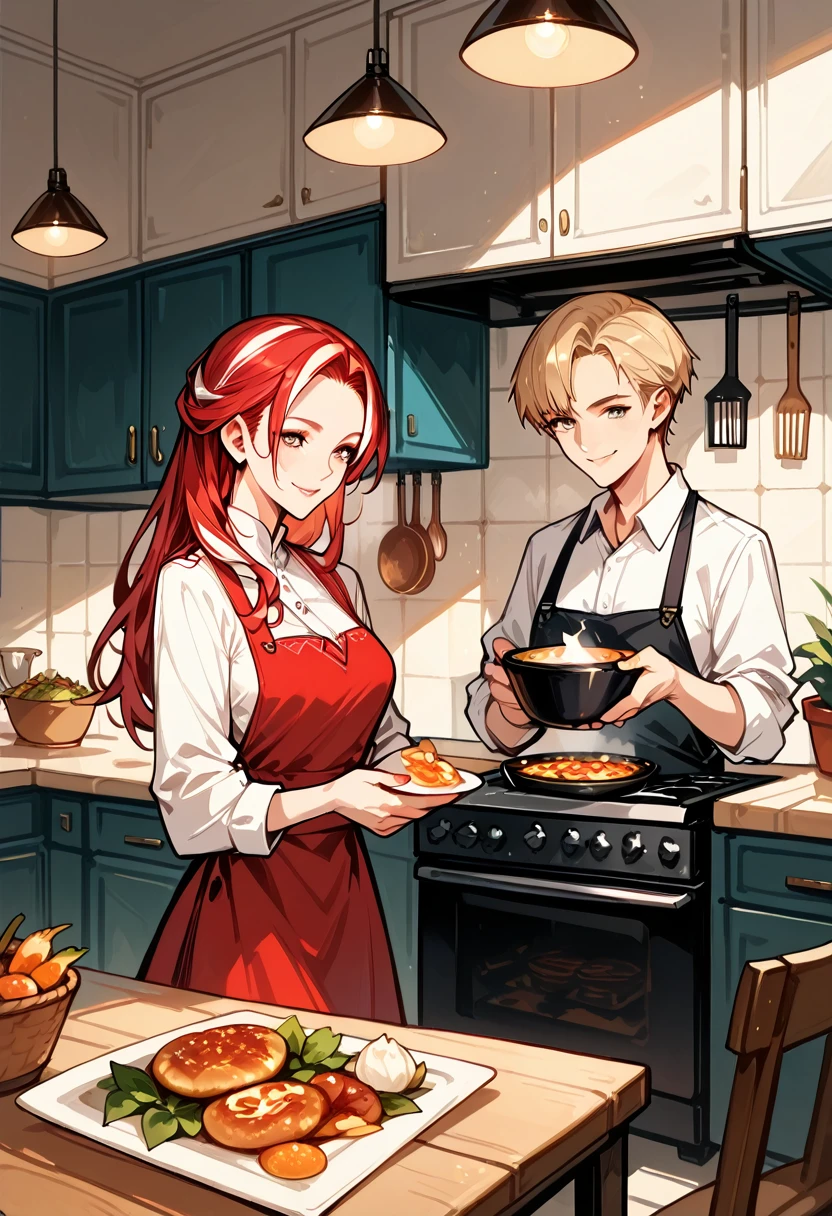 rating_safe, score_9, score_8_up, score_7_up, score_6_up, score_5_up, score_4_up, hires, cover page, Cuisine Information Journal, highres(lovers, housekeeper girl, cooking, husband)Newlyweds, kitchen, smile, cinematic lighting,
