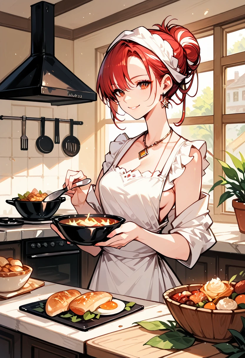 rating_safe, score_9, score_8_up, score_7_up, score_6_up, score_5_up, score_4_up, hires, cover page, Cuisine Information Journal, highres(lovers, housekeeper girl, cooking, husband)Newlyweds, kitchen, smile, cinematic lighting,