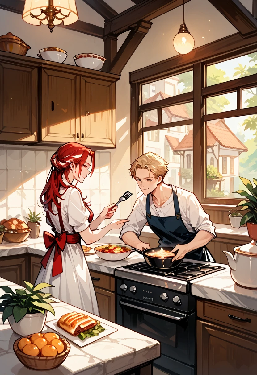 rating_safe, score_9, score_8_up, score_7_up, score_6_up, score_5_up, score_4_up, hires, cover page, Cuisine Information Journal, highres(lovers, housekeeper girl, cooking, husband)Newlyweds, kitchen, smile, cinematic lighting,