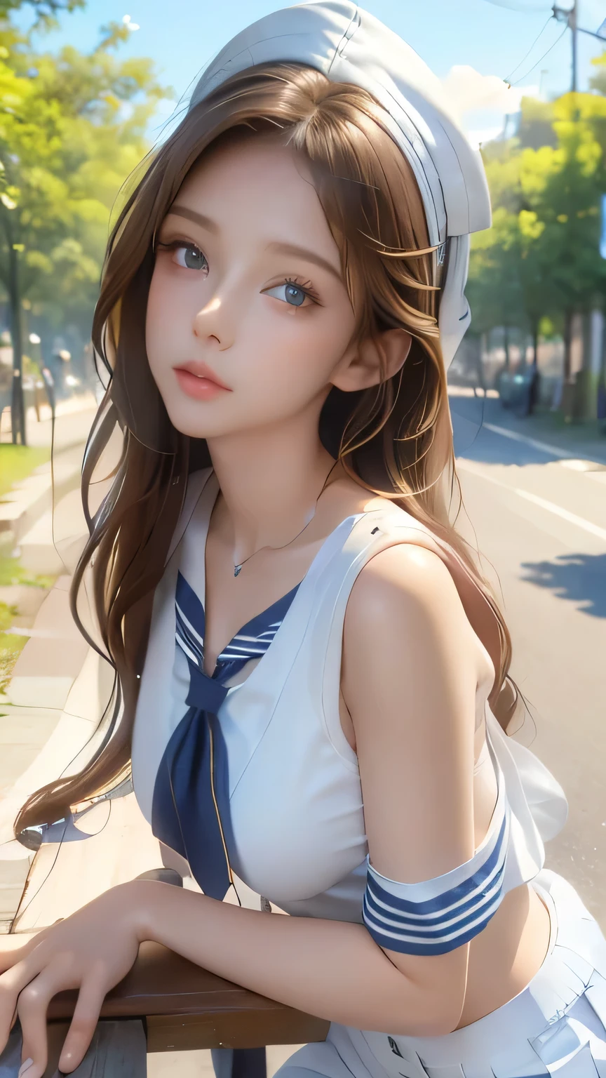 Non-NSFW、Real、(Highest quality), (masterpiece)、Ultra-high resolution、RAW Photos, (upper body), (Tree-lined street:1.5), Fantasy、Looking into the camera、alone、(elemental Sylph:1.1), Beautiful Spirit、Super Beauty, (Mature:1.2), (16years-old:1.2)、Moisturized Skin、Perfect model body、Beautiful Eyes、Big eyes, (brown eyes:1.2)、Inconspicuous tear bags、slim、No bra、Beautiful fingers、Very long hair、highly saturated photos, clavicle, Splash, attractive,skinny, (sad:1.4), no_panties, (Large Breasts:1.6), Nipples, (brown hair), (Waist-length hair:1.5), Small Ass, lips, (sailor uniform:1.5),(white denim pants:1.2),(red tie:1.2), (high heels:1.1), (Several sexy poses:1.1)