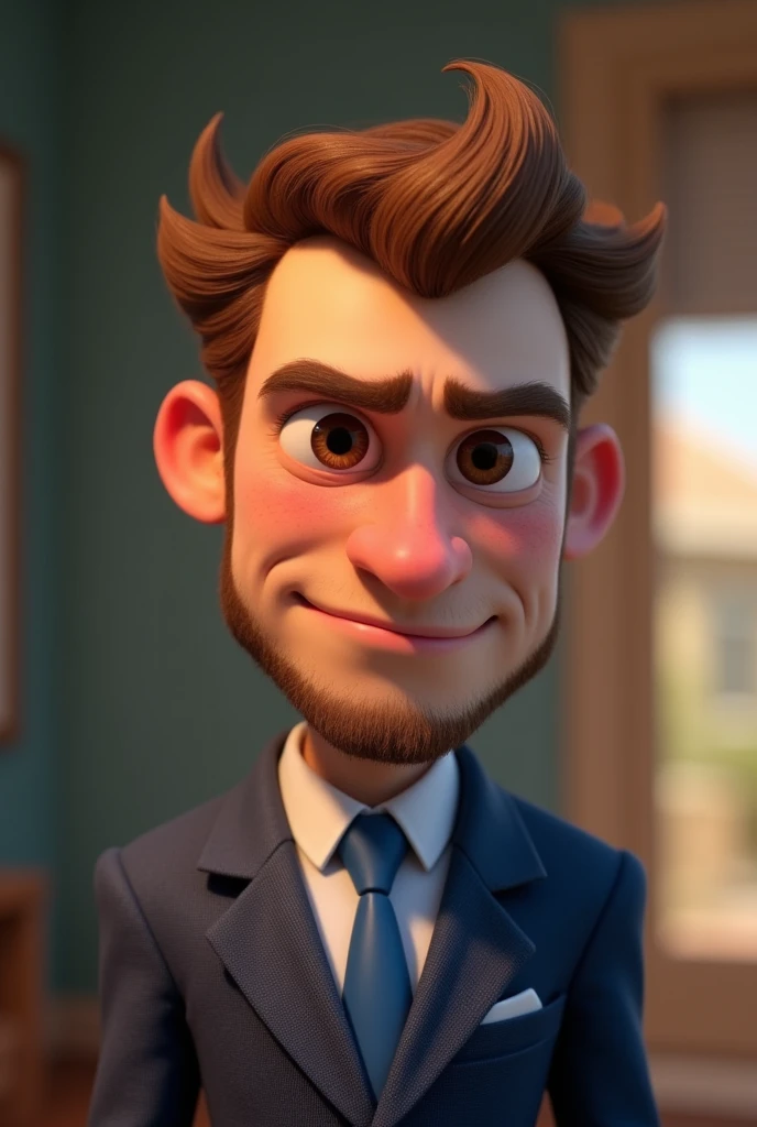 naughty man,Pixar-style ,no smile , with business attire with blue detail, hair with a small tuft in brown color, Brown eyes , And with a beard