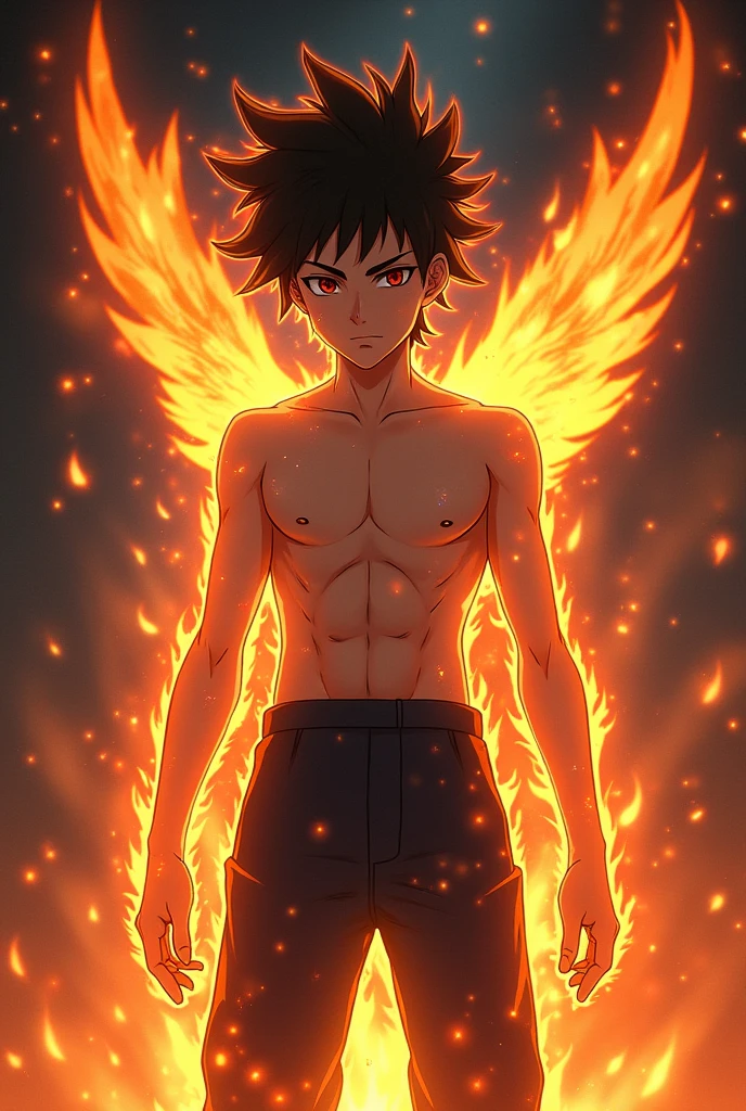 Anime boy with fire on his body and dark pants with wings drawn on him 