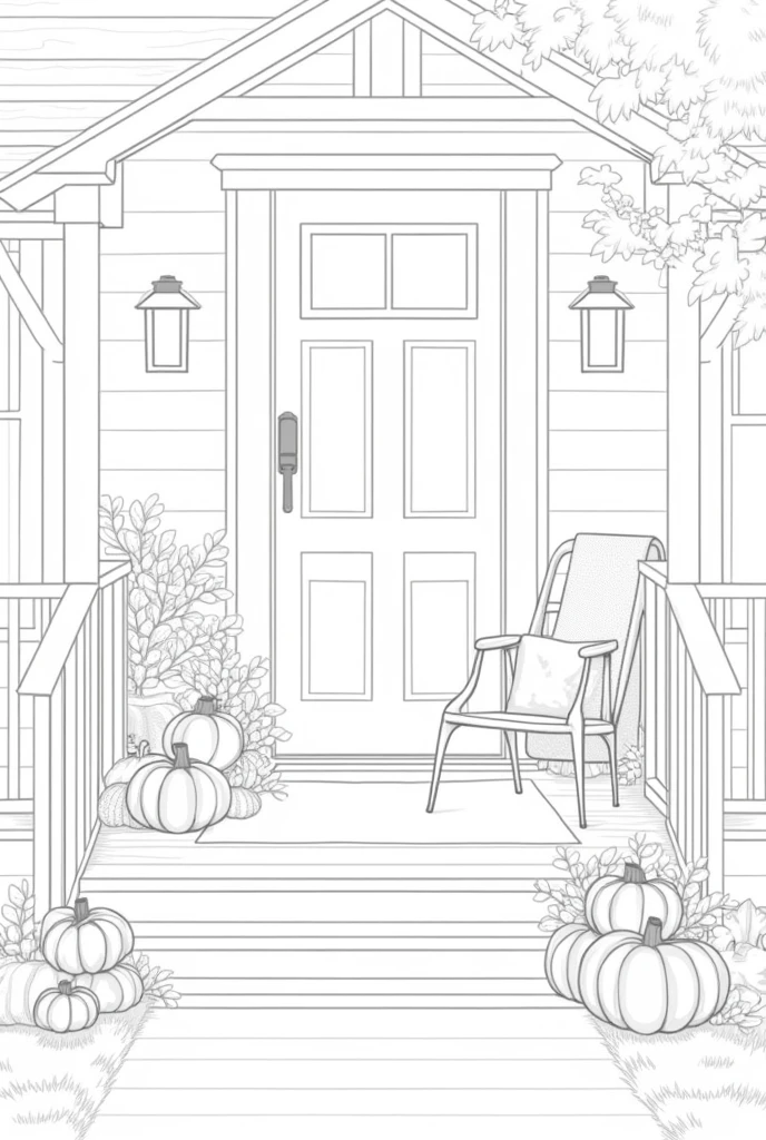 
non-coloured, coloring pages for adults, an image of a warm and inviting porch adorned with pumpkins, lanterns, and a cozy throw blanket, perfect for a crisp autumn evening, cartoon style, thick lines, low detail, black and white, no shading,



