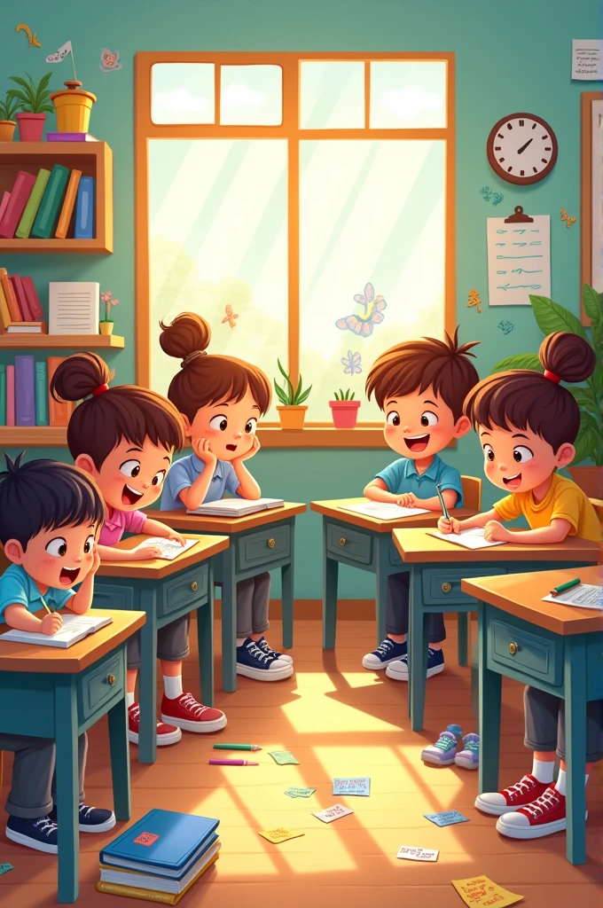 Cartoon style drawing of children studying
