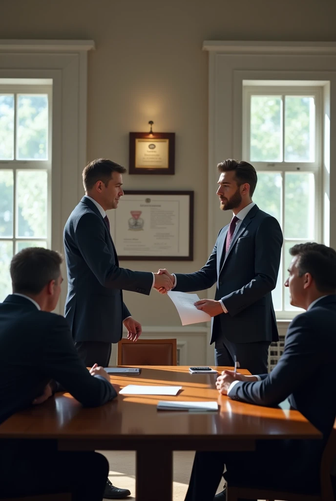 create an image with a lawyer giving a document to a client, with a meeting room background, with people sitting at a table in 16x9 format