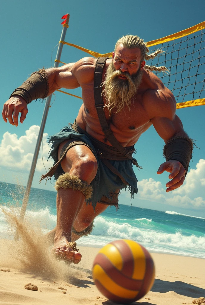 A Viking is playing volleyball and is spiking the ball making it hit the ground 