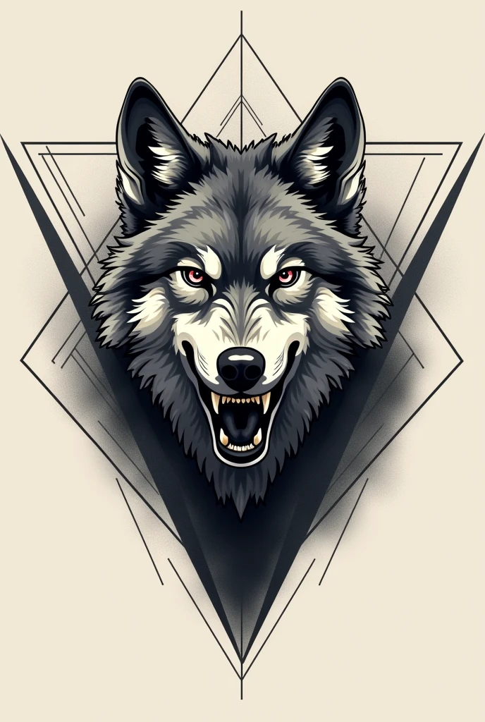 Make a geometric tattoo design of a growling wolf for my chest to be centered on my chest 