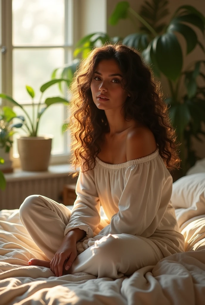 (photorealism:1.2), beautiful woman, sitting on bed, wearing loose off-shoulder top, pajama pants, long curly hair, indoors, soft lighting, plants in background, window with sunlight, cozy room, relaxed pose, realistic, intricate details, warm colors, by Greg Rutkowski, by Alphonse Mucha