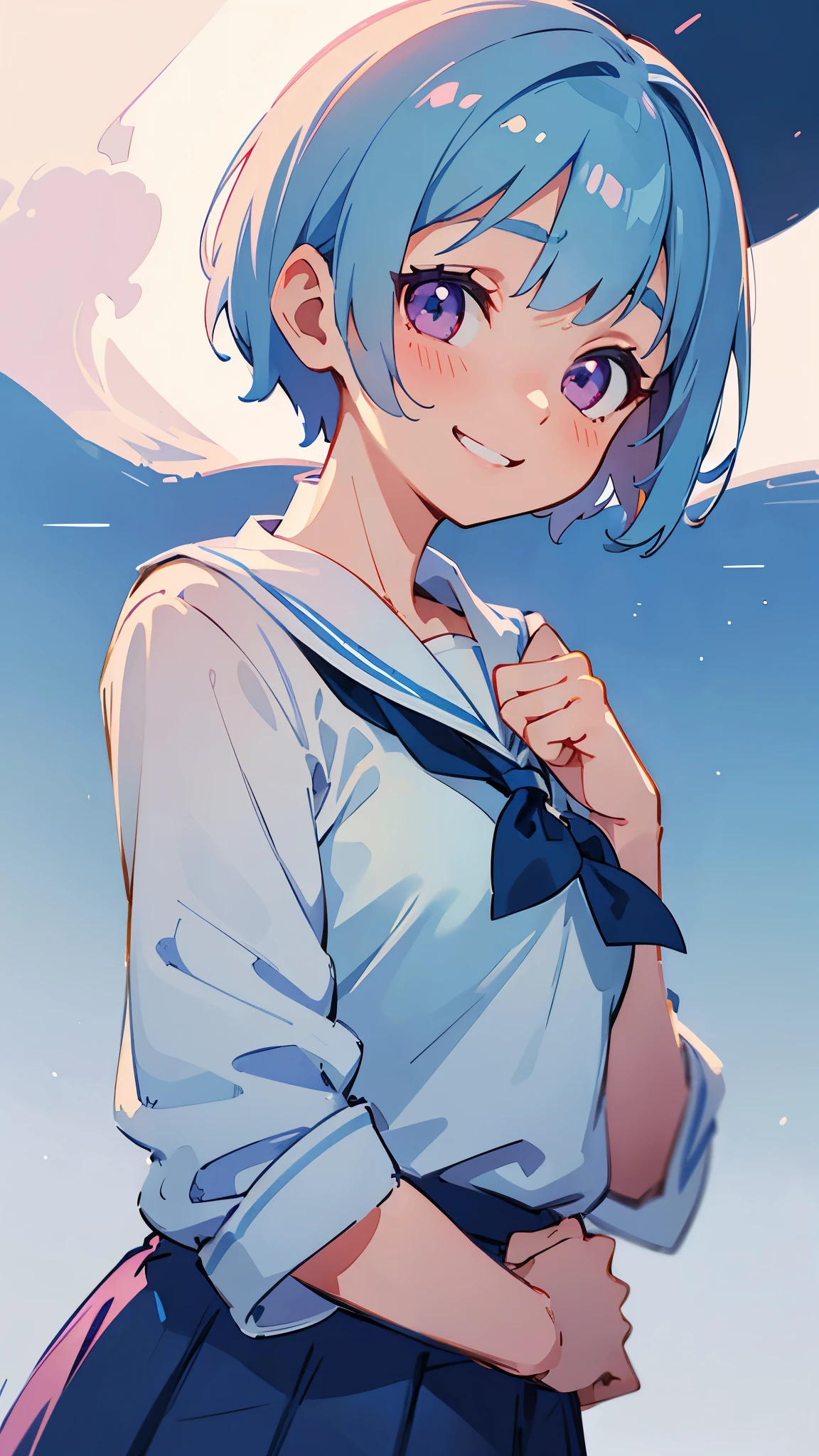 One young woman、alone、Sailor school uniform、Navy Blue Skirt、Light blue hair、short hair、Pink eyes、A gentle gaze、Grin、Upper body close-up、Delicate contours、Under the moonlight、Background Blur