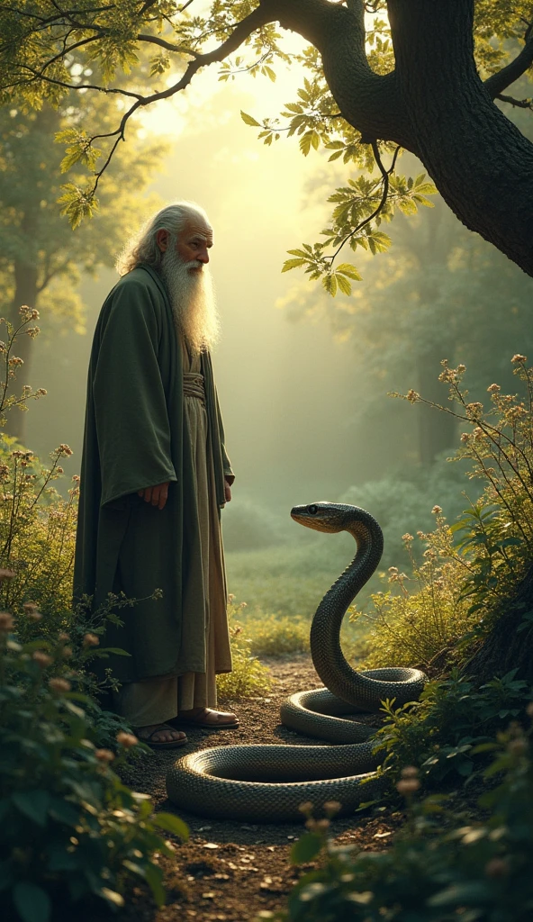 The wise man stands silently in the garden at dusk, his eyes wide with realization as he spots the snake biting the roots of his plants. The scene is bathed in the soft, fading light of the evening.