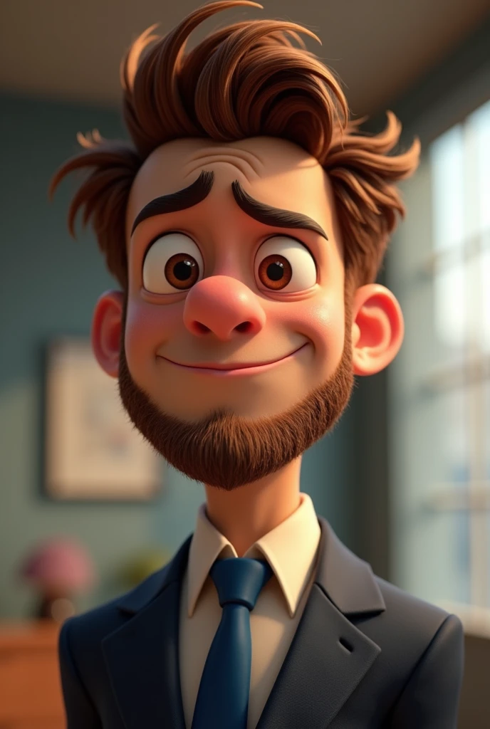 naughty man,Pixar-style ,no smile , with business attire with blue detail, hair with a small tuft in brown color, Brown eyes , And with a beard 
