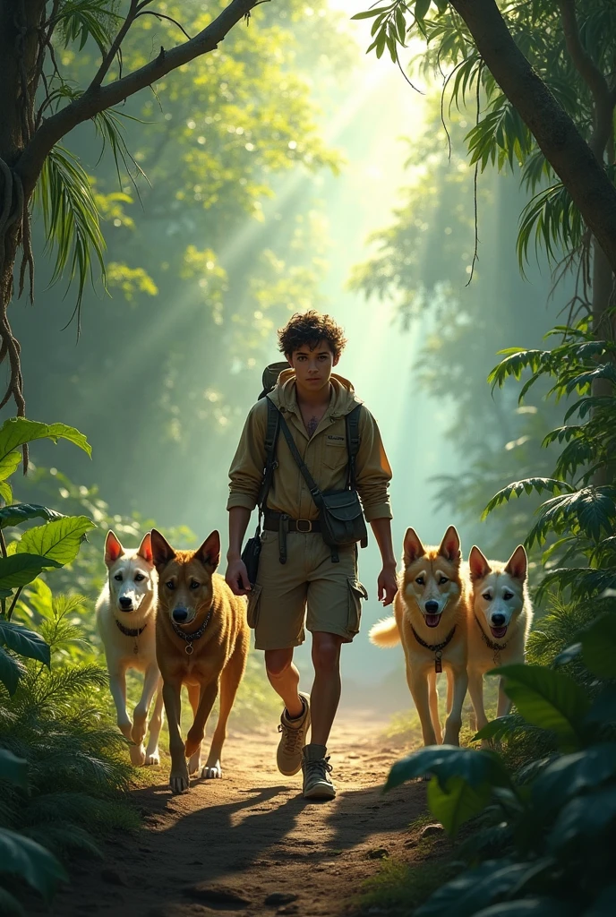 A young man with all kind of dog breeds roaming in the jungle for hunting