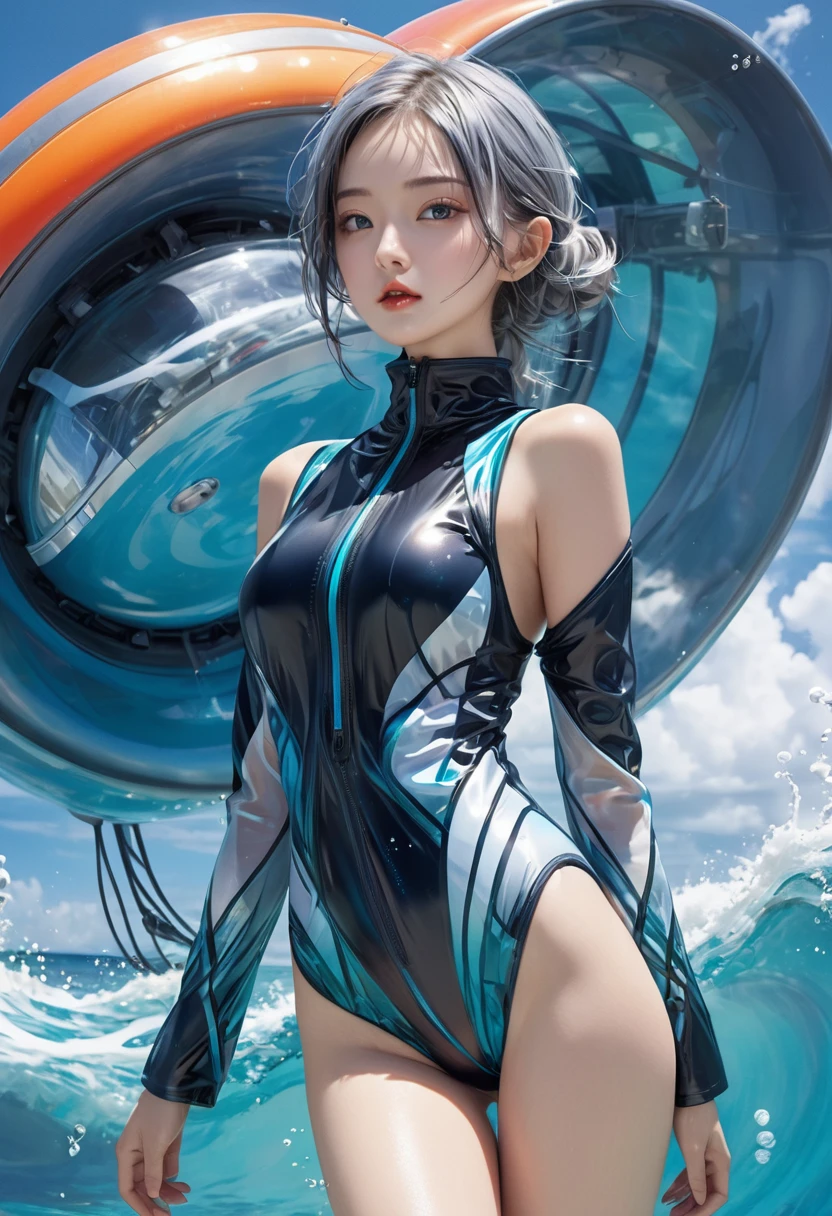 Very detailed、whole body、Wearing futuristic resort wear fashion、swim、In the sea、woman