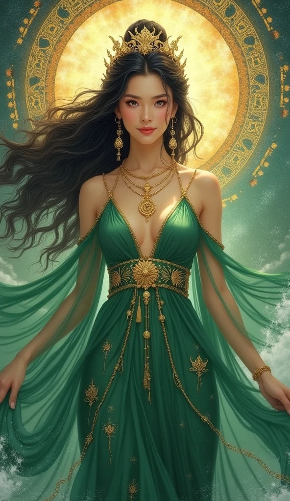 painting of a woman in a green dress and gold jewelry, queen of the sea mu yanling, goddess of the ocean, earth goddess mythology, goddess of love and peace, goddess of the sea, javanese mythology, indian goddess of wealth, guanyin of the southern seas, goddess inanna, apsaras warrior, ancient libu princess