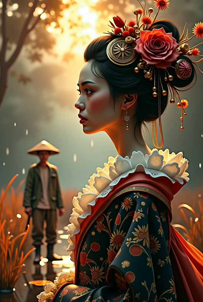 colored Voodoo and Demiurge symbols, terraforming with biomechanical enhancements, Peasant standing in a chinese rice watery field  , in a swamp surrounded floating gipsy market, nearby a geisha clad in textured steampunk garb, her face as smooth as porcelain, rainy glass bubble water or elastic glass-like material, reddish hues, digital painting in a rust color scheme, gold and obsidian filigree, white lace, dramatic lighting casting sharp contrasts, ultra fine details capturing every texture, cinematic quality., Mysterious