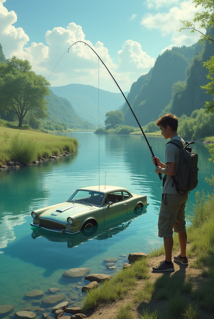 person fishing in a river for a car with scales