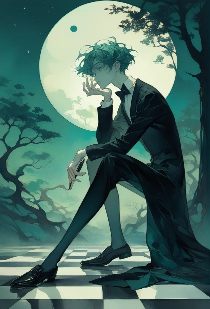  surrealist portrait, dreamlike misty landscape, tall slender man, dark suit, bow tie, checkered floor fading into mist, head replaced by tree branches, vertical sequence of circular elements, small abstract circles near shoulders, increasing size circles ascending, two larger circles with realistic human eyes, ethereal pale blue and green background, foggy atmosphere, crescent moon, subtle stars, ghostly outlines of mountains, whimsical flora, thin stylized trees, plants on checkered floor, translucent sketch-like hands, limited color palette, cool muted tones, watercolor texture, visible brush strokes, soft edges, subtle light effects, mysterious introspective atmosphere