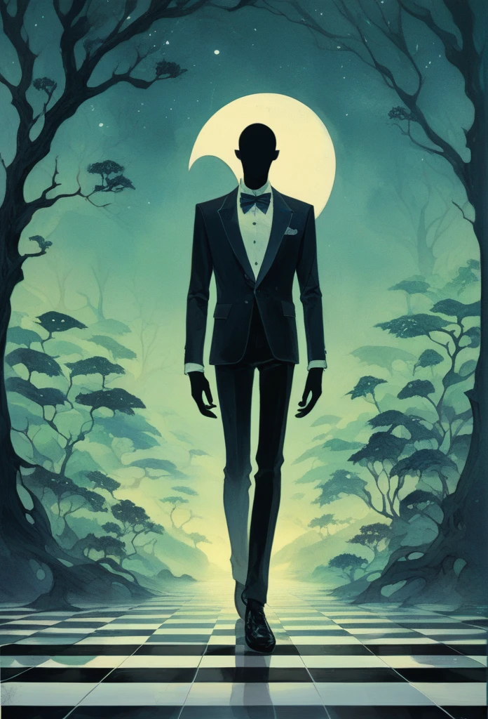 surrealist portrait, dreamlike misty landscape, tall slender man, dark suit, bow tie, checkered floor fading into mist, head replaced by tree branches, vertical sequence of circular elements, small abstract circles near shoulders, increasing size circles ascending, two larger circles with realistic human eyes, ethereal pale blue and green background, foggy atmosphere, crescent moon, subtle stars, ghostly outlines of mountains, whimsical flora, thin stylized trees, plants on checkered floor, translucent sketch-like hands, limited color palette, cool muted tones, watercolor texture, visible brush strokes, soft edges, subtle light effects, mysterious introspective atmosphere