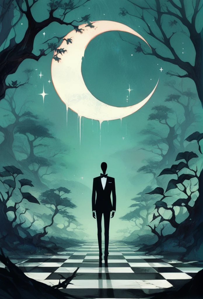 surrealist portrait, dreamlike misty landscape, tall slender man, dark suit, bow tie, checkered floor fading into mist, head replaced by tree branches, vertical sequence of circular elements, small abstract circles near shoulders, increasing size circles ascending, two larger circles with realistic human eyes, ethereal pale blue and green background, foggy atmosphere, crescent moon, subtle stars, ghostly outlines of mountains, whimsical flora, thin stylized trees, plants on checkered floor, translucent sketch-like hands, limited color palette, cool muted tones, watercolor texture, visible brush strokes, soft edges, subtle light effects, mysterious introspective atmosphere
