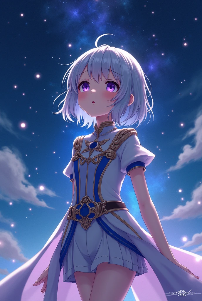 1girl,magical uniform,short hair,silver hair,purple eye,starry sky,smile,crying