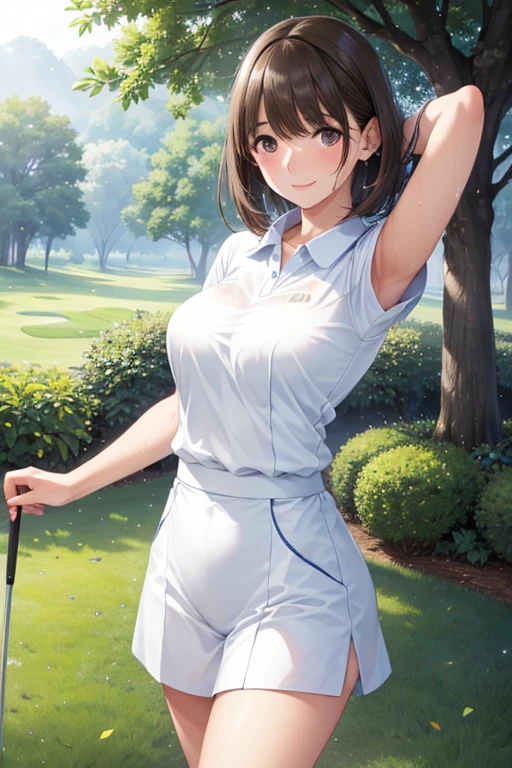 anegasaki nene、Shiny brown hair, short hair, (Beautiful brown eyes、Sparkling eyes, Fine grain)、smile、超Detailed eyes、Highly detailed face, 非常にDetailed eyes,Cowboy Shot、
((Browsing Caution)),(high quality, High resolution, The finer details), Realistic, woman, Golf Players, garden, Green Grass,sporty, Athletic physique, Confident expression, Professional Golfer, Elegant pose, Stylish clothing, sunlight, Leaves swaying in the wind, Relaxed atmosphere, Beautiful views, Summer Morning, alone, 曲線美のあるwoman, Sparkling eyes, (Detailed eyes), (smile), blush, (Sweat), (Oily skin), Shallow depth of field
