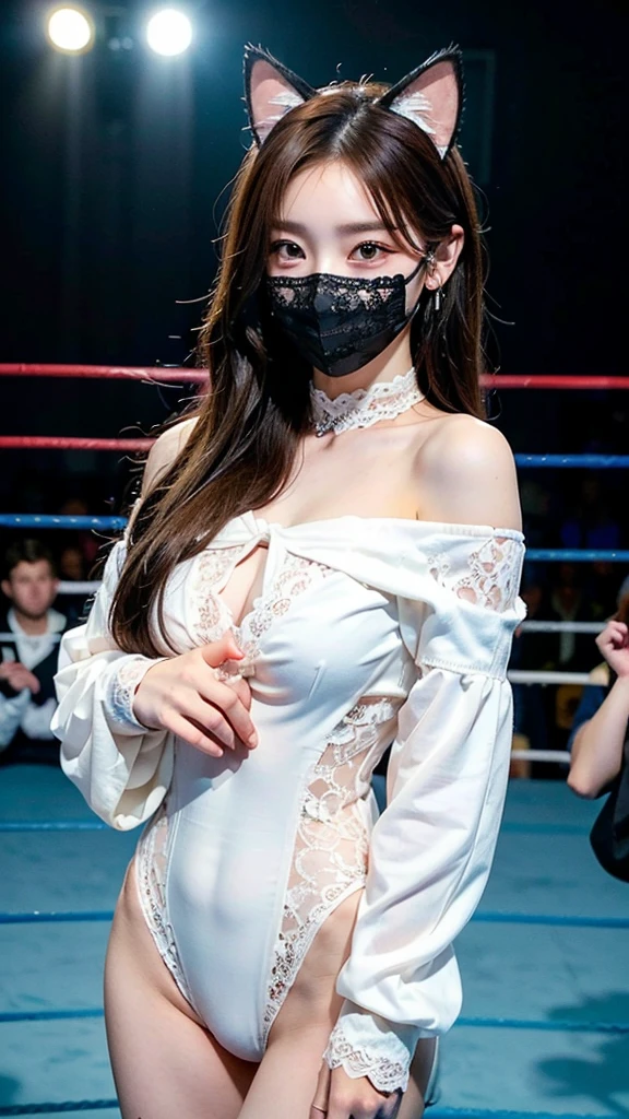 ((masterpiece: 1.4, best quality))+,(ultra detail)+, official art, unity 8k wallpaper, ultra detail, beautiful, high quality, Highlight your cute face, masterpiece, best quality, (The brightly lit pro wrestling ring was packed with spectators..:1.37), medium length straight hair, (brown eyes, brown hair), From head to thighs:1.3, looking straight ahead, Smiling brightly, (Beautiful Girl Pro Wrestler:1.3), (White lace sexy off shoulder leotard:1.37), colorful earrings, (Cover your face with a black mask:1.4), (cat ear decoration:1.37), lace neck choker, (skinny abs:1.3),(:1.2)