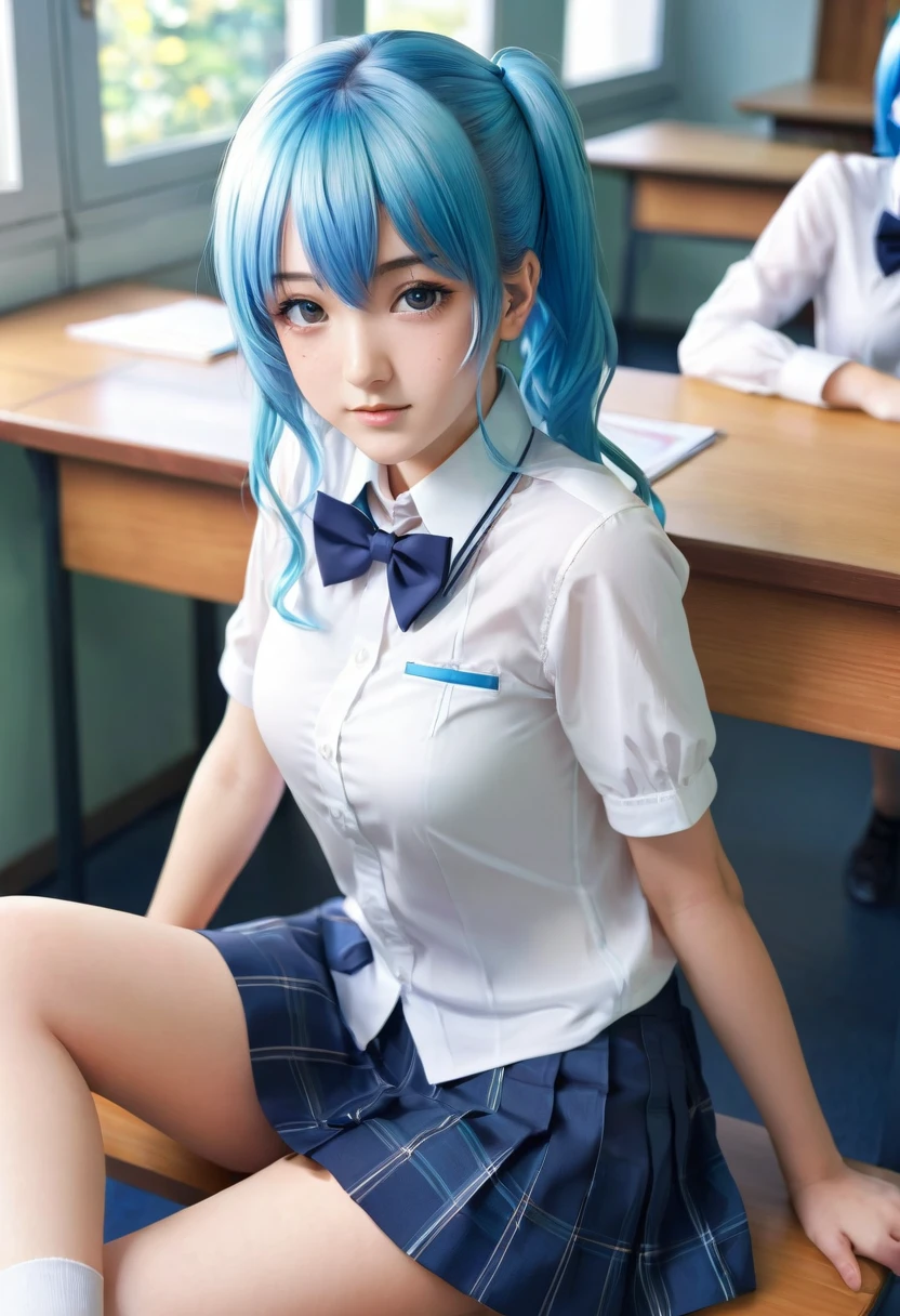 masterpiece, best quality, ultra-detailed, illustration, colorful, flat color, depth of field, lens flare, 1girl, hoshimachi suisei, anime, sitting, blue hair, looking at viewer, school, classroom, white shirt, bowtie, bottomless, detailed skin texture, detailed cloth texture, beautiful detailed face, small breasts