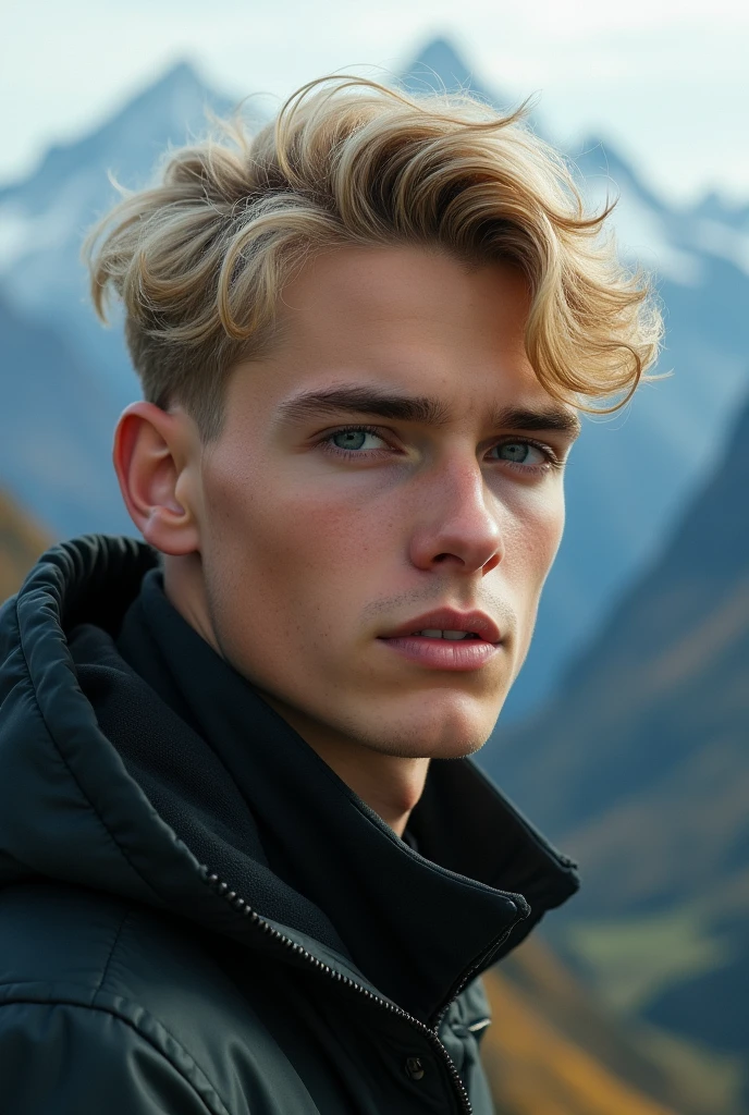 Portrait of a 18 year old young man, white skin, extremely pale skin, blonde boy, european boy, blonde hair, nordic young boy, nordic blonde, handsome supermodel, young greek god, sublime beauty, delicate facial features, beautiful facial features, Greek face, strong jaw, attractive boy, , cinematographic, best quality, sharpness, focus on the boy, anatomical perfection, golden ratio, commercial, perfect symmetry, facial symmetry, body symmetry, cinematographic light, ultra detailed, hyper realistic, strong jaw, beautiful eyes, cinematographic portrait, cinematographic quality, film award, amazing landscape, boy in the mountain, (8k, RAW photo, best quality, masterpiece:1.2), (realistic, photo-realistic:1.37), ultra-detailed, (high detailed skin:1.2), 8k uhd, dslr, soft lighting, high quality, film grain, Fujifilm XT3, professional lighting, handsome 1man , (thin lips:1.3), masterpiece, pale skin,(strong jaw:1) in a white shirt