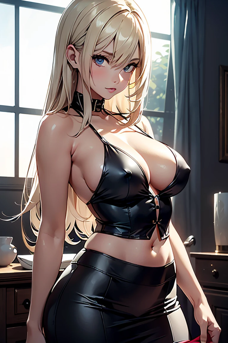 A girl of just , but with a body developed and sexualized to the point of being almost unrecognizable as a . Her short height is offset by the volume of her full, round breasts, which hang over the neckline of a black silk blouse that is wide open. The short, tight white satin skirt hides nothing of her large, soft behind, with each hemisphere forming a perfect ball. The tight waist stands out in the form of a black stripe on the white background, highlighting even more the magnitude of the butt. Her long, straight blonde hair falls over her shoulders and waist, creating sensual shadows as she moves. The eyes are a deep, intense red, displaying a lustful and seductive look beyond his years.