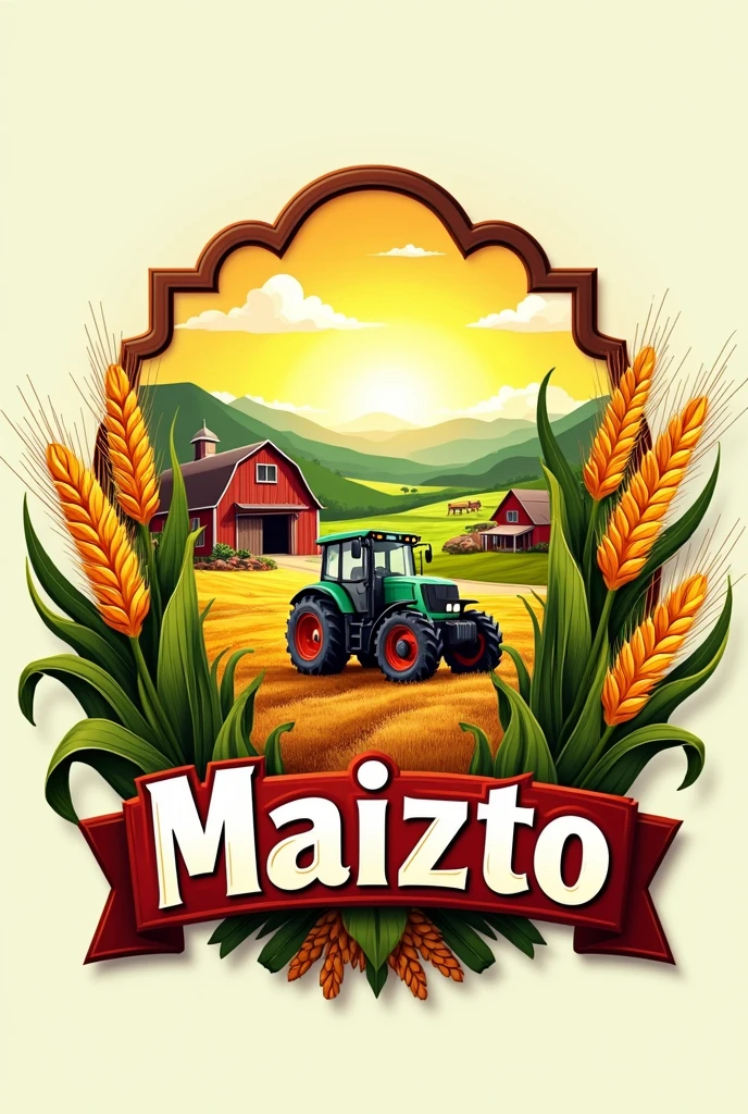Create a logo with wheat corn a farm with a tractor and with the name maizto