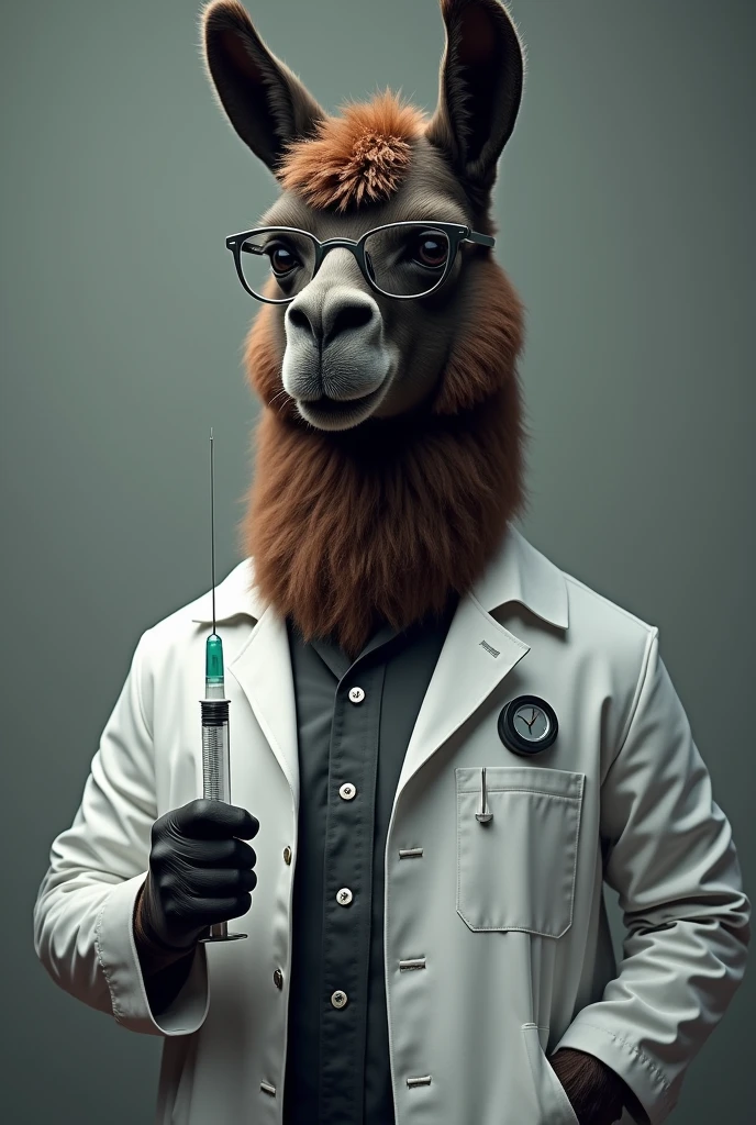 A DARK MALE LLAMA WITH GLASSES AND A MEDICAL COAT SCARF HOLDING A SYRINGE


