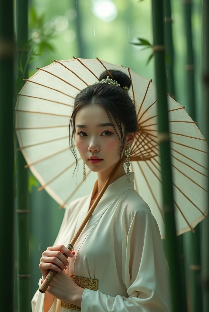 Masterpiece, extremely detailed CG unity 8k wallpaper, 1 girl, beautiful, realistic, blur, blurred background, blurred foreground, bamboo forest, depth of field, earrings, jewelry, nose, realistic, solo, hanfu, holding oli paper umbrella, rain